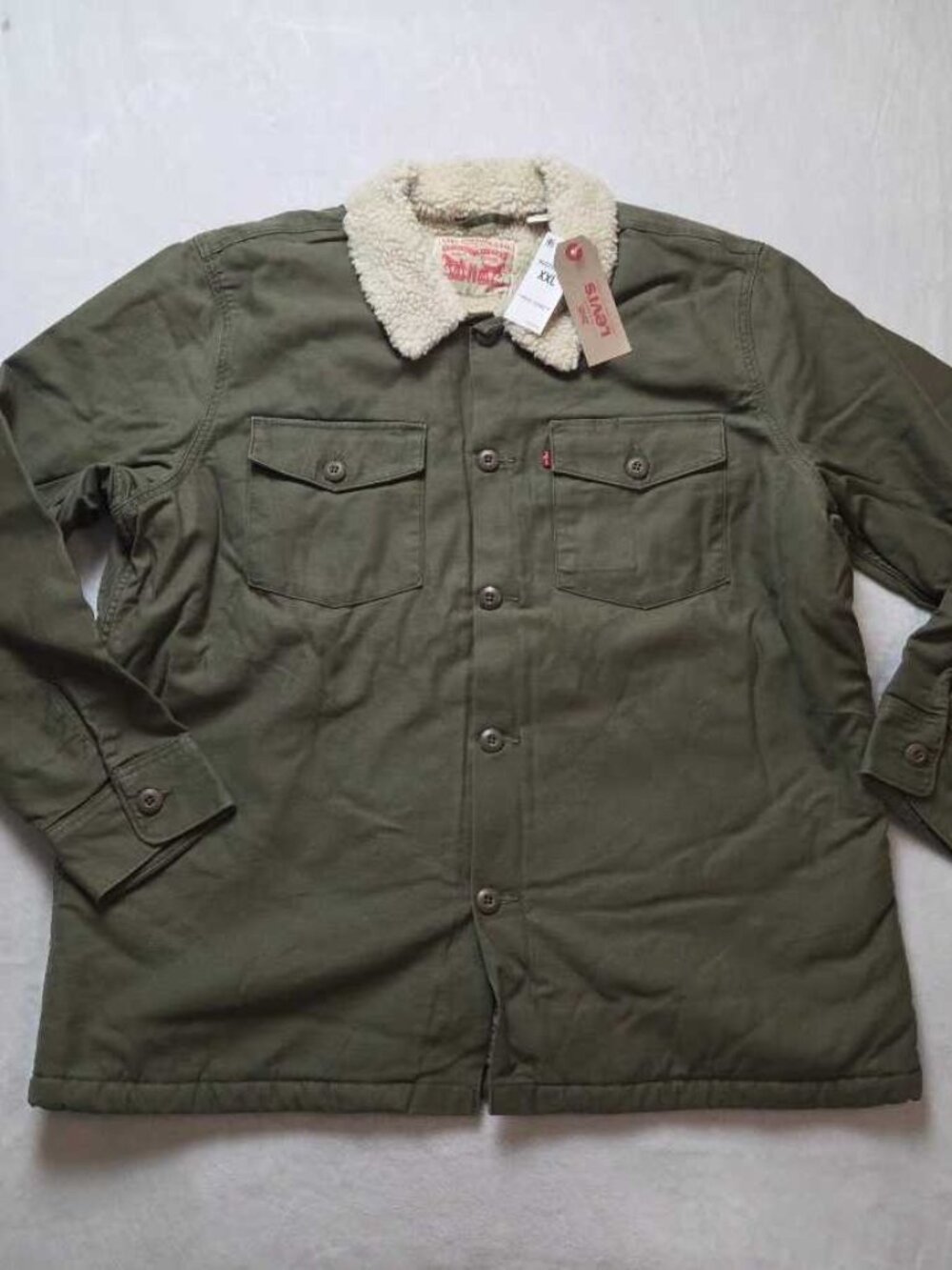 New XXL men's Levi's sherpa military shirt jacket in Olive Night